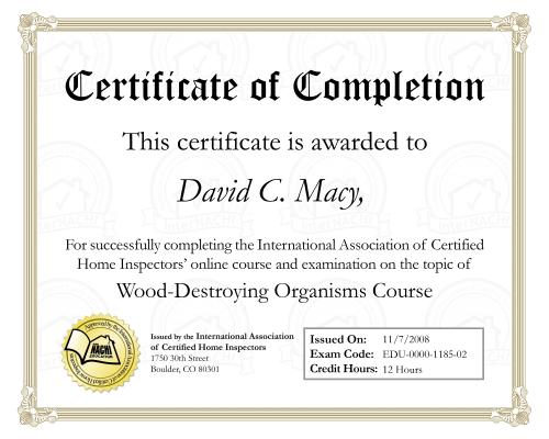 Wood-Destroying Organism Course Certificate